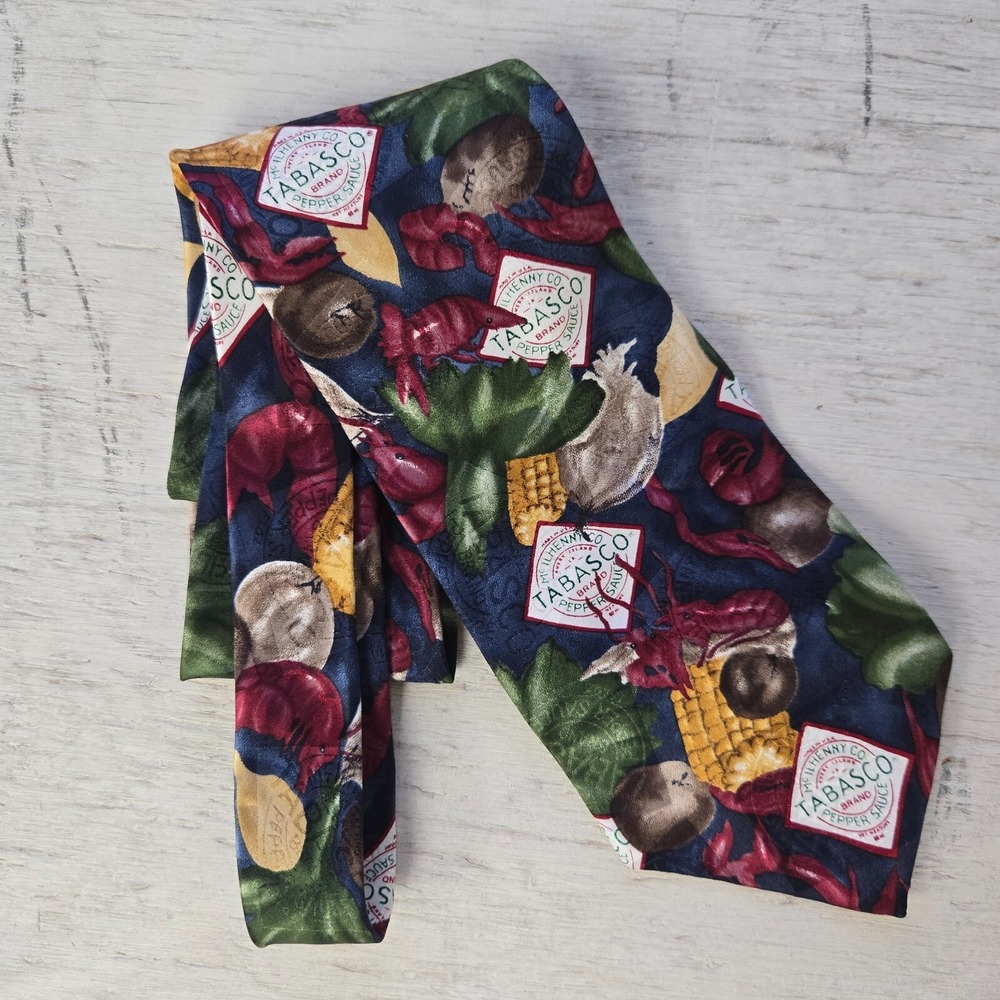 Vintage Tabasco Silk 56" Tie Crawfish Corn Navy Sea Food 1990s Made in USA Men's